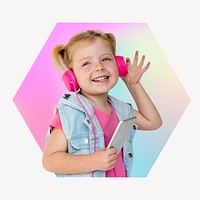 Girl listening to music, hexagon badge clipart