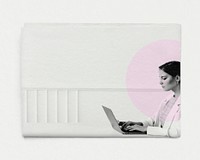 Businesswoman working on laptop newspaper, corporate remixed media