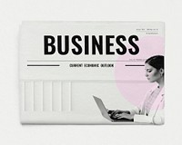 Businesswoman typing on laptop newspaper, business headline