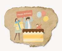 Birthday party collage element, family celebration, ripped paper design psd