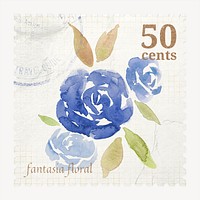 Watercolor floral postage stamp, aesthetic botanical collage element psd