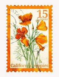 Aesthetic floral postage stamp, orange poppy flower collage element psd