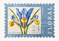 Aesthetic bearded iris flower postage stamp illustration