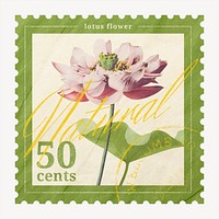 Vintage lotus postage stamp, flower collage element psd