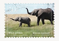 Elephant postage stamp, animal collage element psd