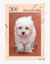 Puppy postage stamp, animal collage element psd