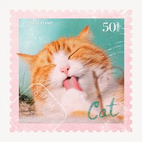 Cute cat postage stamp, animal collage element psd