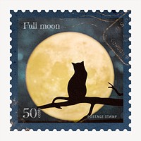 Moon & cat postage stamp, animal collage element psd