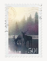 Deer postage stamp, ephemera collage element psd