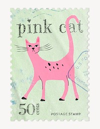 Pink cat postage stamp, animal collage element psd