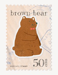 Bear postage stamp, animal collage element psd