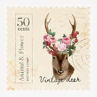 Vintage deer postage stamp, animal collage element psd