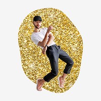 Male dancer, gold glitter blob shape badge