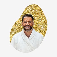 Man in spa, gold glitter blob shape badge