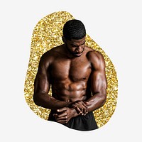 Muscular topless man, gold glitter blob shape badge