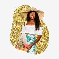 Happy African woman, grocery shopping, gold glitter blob shape badge