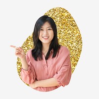 Asian woman, gold glitter blob shape badge
