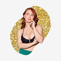 Thoughtful woman in bikini, gold glitter blob shape badge