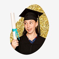 Graduate woman, education, gold glitter blob shape badge