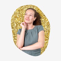 Businesswoman thinking, gold glitter blob shape badge
