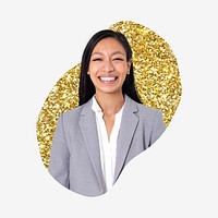 Smiling businesswoman, gold glitter blob shape badge