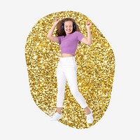 Woman dancing, gold glitter blob shape badge