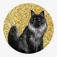 Angora cat, gold glitter round shape badge