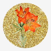 Red lily, gold glitter round shape badge