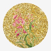 Fireweed flower, gold glitter round shape badge