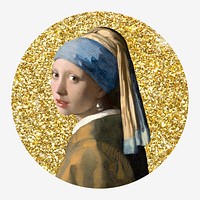 Girl with a Pearl Earring, Johannes Vermeer's famous artwork, gold glitter round shape badge remixed by rawpixel