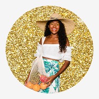 Happy African woman, grocery shopping gold glitter round shape badge