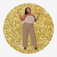 Joyful African woman, gold glitter round shape badge