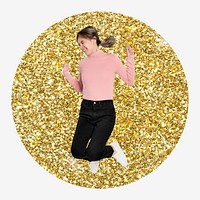 Jumping girl, gold glitter round shape badge