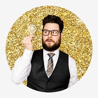 Bearded businessman, gold glitter circle shape badge