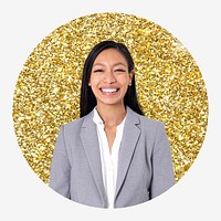 Smiling businesswoman, gold glitter circle shape badge