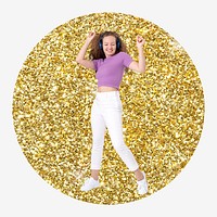 Woman dancing, gold glitter round shape badge