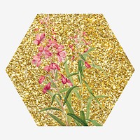 Fireweed flower, gold glitter hexagon shape badge