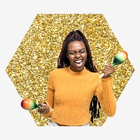 Woman playing maracas, gold glitter hexagon shape badge