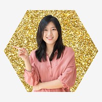 Asian, gold glitter hexagon shape badge