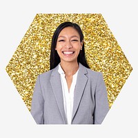 Smiling businesswoman, gold glitter hexagon shape badge