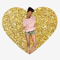 African woman, gold glitter heart shape badge