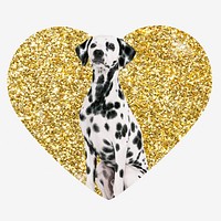 Dalmatian dog, gold glitter heart shape badge