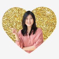 Asian woman, gold glitter heart shape badge