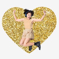 Happy woman, gold glitter heart shape badge