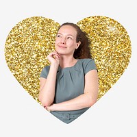 Businesswoman thinking, gold glitter heart shape badge