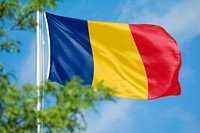 Romania flag, blue sky design