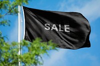 Sale word flag, blue sky, typography