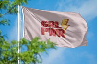 Girl power word flag, blue sky, typography