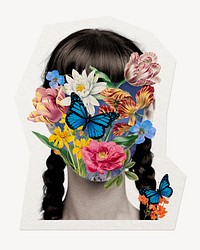 Floral woman sticker, botanical illustration mixed media, digital collage art