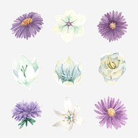 Watercolor blooming flowers vector set